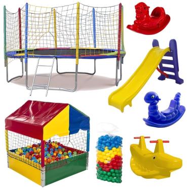 Imagem de Kit Playground Pula 3,05M Piscina 1M 500 Pecas Escorrega Medio 3 Gangorras Rotoplay Brinquedos