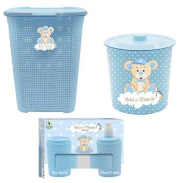 Imagem de Kit Infantil Cesto de Roupas 30L + Lixeira 3L + 2x1 Azul - Monte Líban