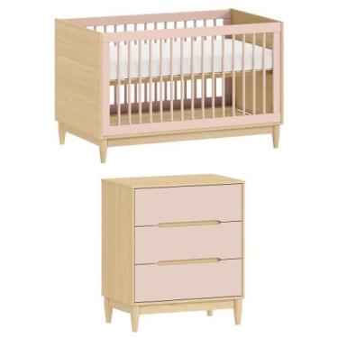 Imagem de Conjunto Berço 2 em 1 vira Mini Cama e Cômoda 3 gavetas Tomi  Rosa com