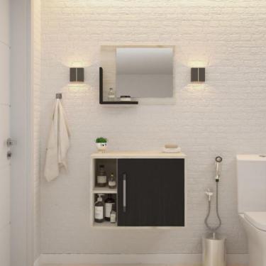 Imagem de Conjunto para Banheiro Gabinete e Espelheira Soft 600 Snow e Preto Ônix