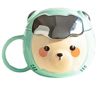 Imagem de Caneca de astronauta com colher de urso de cerâmica xícara de café infantil desenho animado caneca de leite presente de aniversário escritório casa (verde esqui)