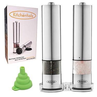 Imagem de Conjunto de moedor de sal e pimenta elétrico de aço inoxidável da Kitchenentials, funciona com bateria com funil de luz LED e suporte com espessuras ajustáveis