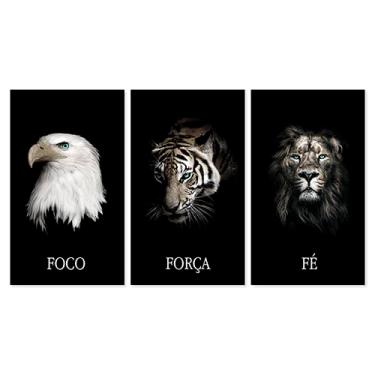 Imagem de Kit 3 Quadros Decorativos Grandes com Moldura Motivação Foco Força e Fé Animais Selvagens