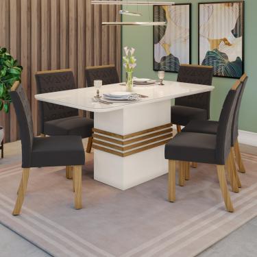 Imagem de Conjunto Sala de Jantar Tampo MDF com Vidro Canto Arredondado 160 Cm 06 Cadeiras Melinda Casa 812 - Nature com Off White e Marrom
