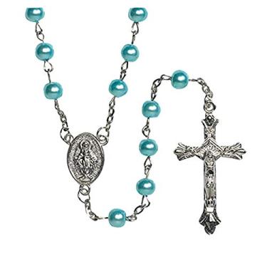 Imagem de Rosário religioso e católico masculino ou feminino, terço aqua com zíper branco, Material: conta de 6 mm, tamanho da caixa de vinil: Caixa: 8,5 x 6,8 cm A, Rosário: 50,8 - 51,8 cm C