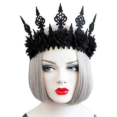 Imagem de Joyci Máscara feminina de véu de coroa de festa de renda preta faixa de cabeça gótica punk cosplay acessórios (coroa A)