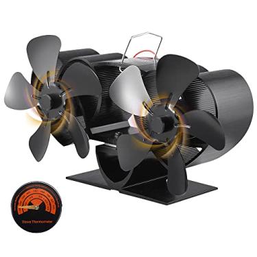 Imagem de burko Ventilador de fogão de motor duplo 10 pás Ventilador de fogão alimentado por calor Ventilador de lareira Não elétrico Operação silenciosa para fogão a lenha/pellets/queimador de lenha Preto