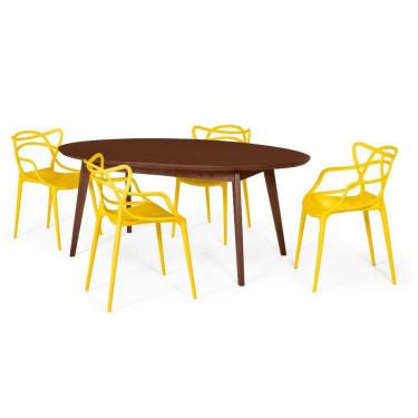 Imagem de Conjunto Mesa de Jantar Oval Vértice Nozes 190cm com 4 Cadeiras Allegra - Amarelo