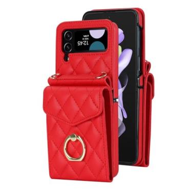Imagem de Para Samsung Galaxy Z Flip 5 4 3 Flip5 Flip4 Flip3 5G Crossbody Case Anel Bloqueio Órgão Suporte para cartão Cordão Capa de couro, vermelho, para Galaxy Z Flip3 5G