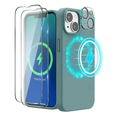 Imagem de SURPHY (4 em 1) Capa projetada para iPhone 14 Plus compatível com MagSafe (6,7 polegadas, 2022), com 2 unidades de protetor de tela + capa de câmera, capa de telefone de silicone líquido (verde cacto)