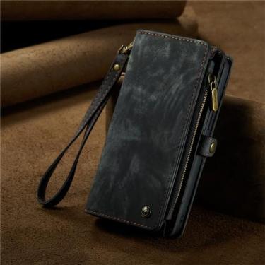 Imagem de Capa de telefone de couro magnético flip para iphone 11 12 13 14 15 pro max xs xr x plus capa de cartão carteira com zíper, preto, para iphone 11 pro max