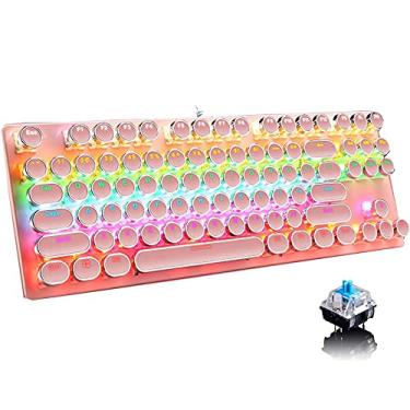 Imagem de Ltvystore Teclado mecânico rosa para jogos, estilo punk retrô de 87 teclas, teclado retroiluminado RGB com interruptor azul, anti-fantasma, com fio USB, para PC, laptop, desktop, para jogos e