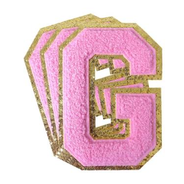 Imagem de 3 peças de remendos de letras de chenille rosa glitter ferro em remendos de letras universitárias remendo bordado de chenille costurar em remendos para roupas chapéu bolsas jaquetas camisa (rosa, G)