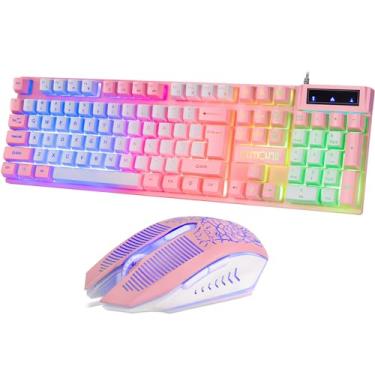 Imagem de CHONCHOW Teclado e mouse RGB para jogos 1921P rosa com retroiluminação LED USB com fio sensação mecânica multimídia PC Gaming Keyboard para trabalho ou jogo, escritório Xbox
