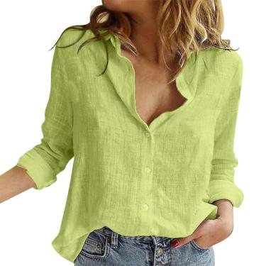 Imagem de Camiseta feminina de linho, cor lisa, manga comprida, caimento solto, gola V, botão, túnica, camisa elegante de verão, Verde, XXG