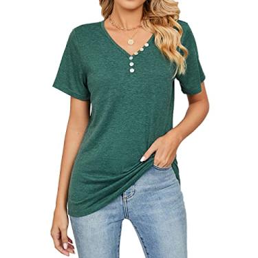 Imagem de Camisetas femininas com botões e gola V, manga curta, túnica básica, casual, de malha, R - verde escuro, XG