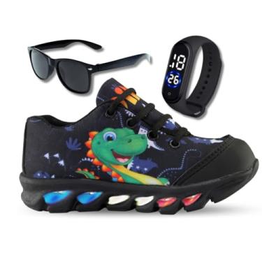 Imagem de Genérico, tenis de led infantil masculino dinossauro com luzinha meninos mais relogio e oculos Cor:Preto;Tamanho:33