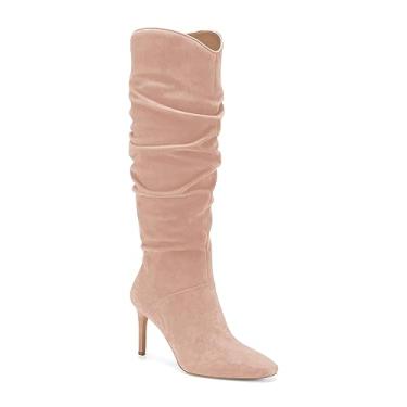 Imagem de Coutgo Botas femininas de cano alto de camurça sintética bico amêndoa salto alto stiletto bota lateral com zíper lateral, Rosa claro, 9.5