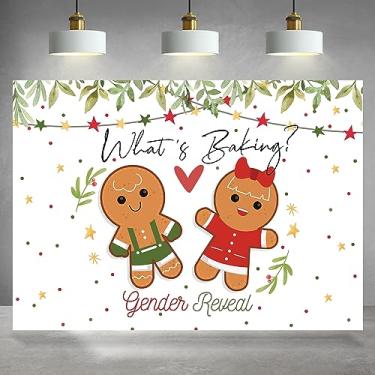 Imagem de Rsuuinu Pano de fundo revelador de gênero de Natal, biscoito de gengibre, ele ou ela, o que está assando menino ou menina, fundo de fotografia de inverno, decoração de chá de bebê, suprimentos para