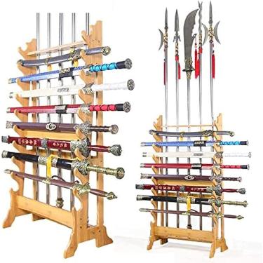 Imagem de Suporte de exibição de espada Suporte Katana Suporte de piso de espada multicamadas Suporte de exibição de espada, suporte de espada vertical para cabides de espada Katana de madeira de 12 c