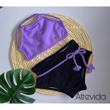 Imagem de biquini infantil cropped  lilas e cacinha com cinto preta UV 2024 - At