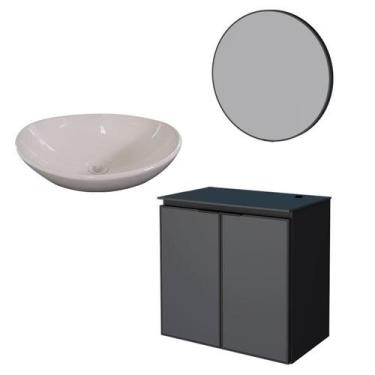 Imagem de Conjunto Banheiro Aço Umbu 60 Preto Com Cuba Bali Branca Espelho Luna 