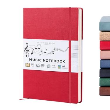 Imagem de BEECHMORE BOOKS Caderno de partituras em branco – A4 21 x 28 cm para compositores, músicos e compositores, 156 páginas grossas de 120 g/m², folhas perfuradas de 10 funcionários, capa dura de couro