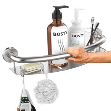 Imagem de Barra de apoio de chuveiro de níquel escovado acetinado com prateleira de armazenamento 45,7 cm, barra de suporte de xampu Zepolu de aço inoxidável 2 em 1, barra de equilíbrio de segurança para montagem na parede para suporte de banheiro, alça de assistência de corrimão para idosos