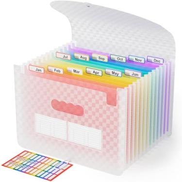 Imagem de ABC life Pasta organizadora de arquivos sanfonada tamanho carta expansível pasta de arquivos com 13 bolsos, organizador escolar de papel portátil A4 para documentos, pastas expansíveis multicoloridas para arquivos com 2 etiquetas (rosa)