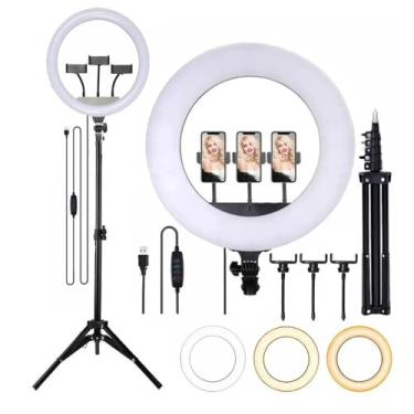 Imagem de Ring Light LED 14 Polegadas com Tripé, 3 Suportes para Celular, 3 Cores de Iluminação, Controle USB