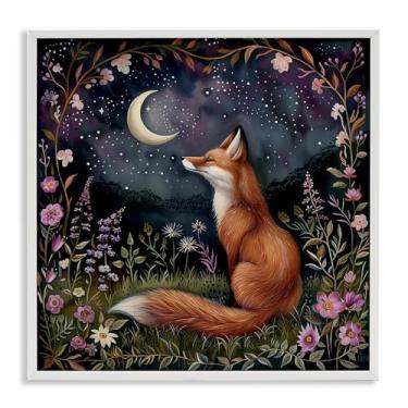 Imagem de Stupell Industries Woodland Fox Night Forest Framed Giclee Wall Art Design by The Dutch Lady, moldura branca, 43 x 43 cm