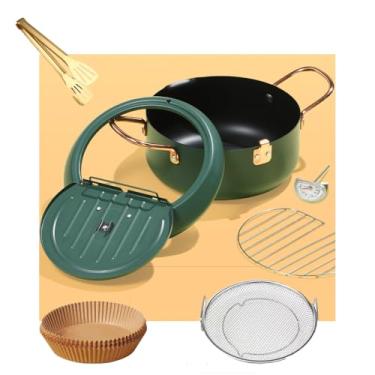 Imagem de Panela de fritadeira de aço inoxidável com 4 conjuntos, grelha reduzida oxidricamente termômetro Tempura japonês Frigideira (fritadeira verde com 4 conjuntos descartáveis)