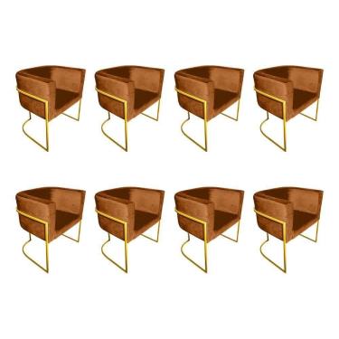 Imagem de Kit 8 Poltronas Decorativa Sala De Estar Base De Ferro Dourada Veludo Terracota Laranja