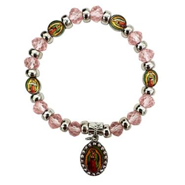 Imagem de RBN Our Lady of Guadalupe Favor Batismo Primeira Comunhão Pulseira Rosa Proteção Prosperidade Boa Sorte Pulsera De La Virgen Maria Católica Pulseira elástica - 12 peças, Acrílico, acrílico