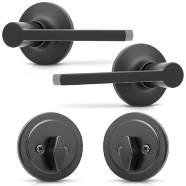 Imagem de Honeywell Maçaneta de entrada frontal preta fosca com fechadura de cilindro único – Elegante e segura, fechadura de porta com alavanca curva para portas internas e externas - 8108640