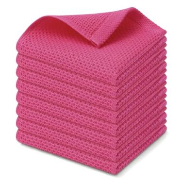 Imagem de Pano de prato Kitinjoy 100% algodão, kit com 8 unidades, tecido waffle, ultramacio e absorvente, secagem rápida, 30,5 x 30,5 cm, rosa-choque