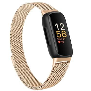 Imagem de Amzpas Pulseira para Fitbit Inspire 3 para mulheres e homens, pulseira magnética ajustável de malha de aço inoxidável compatível com Fitbit Inspire 3 Fitness Tracker, ouro rosa