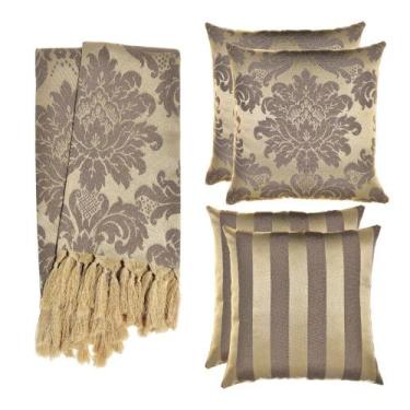 Imagem de Kit 1 Manta e 4 Capas de Almofada em Tecido Jacquard Tradicional Marro