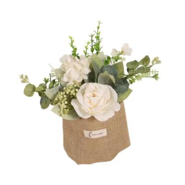 Imagem de WeiLaiKeQi Flor pendurada artificial com um vaso de bolsa de estopa em vaso de plantas eucalipto folhas flores falsas para cozinha de casamento no deck de, Branco