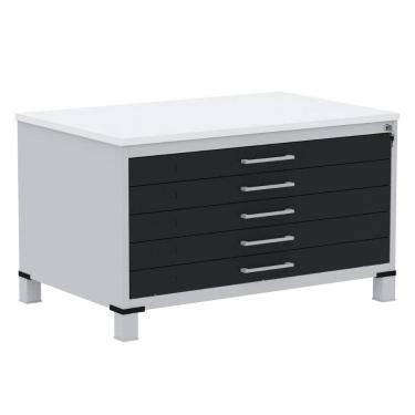 Imagem de Mapoteca 5 Gavetas Pandin 120 Cm (larg) Inmetro Tampo Mdp Branco Estrutura Aço Cinza Gavetas Pretas