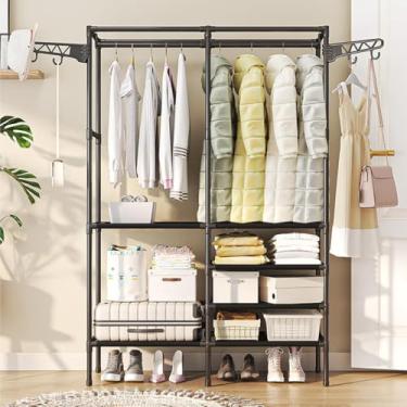 Imagem de Arara Armário Roupa Cabideiro com Sapateira e Prateleiras, Design Industrial, Estrutura Reforçada, 6 Prateleiras Espaçosas, Fácil Montagem, Ideal para Quarto, Closet e Loja (Preto)