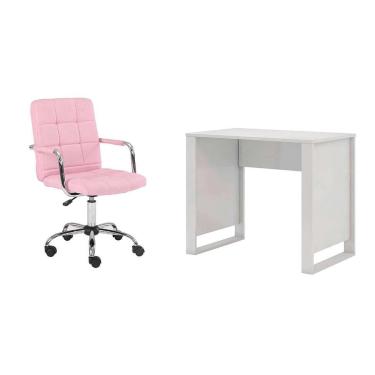 Imagem de Conjunto de Mesa Morada Branca com Cadeira de Escritório Secretária Giratória Fitz Rosa