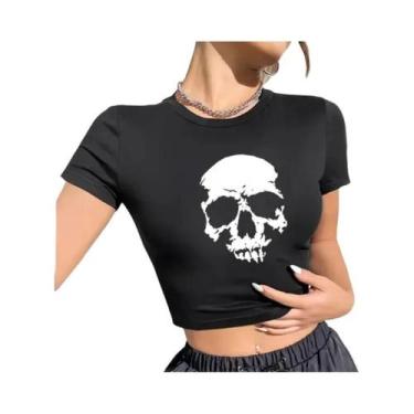 Imagem de Camiseta Gótica Feminina Y2K com Caveira de Anjo - Manga Curta, BR-M, 