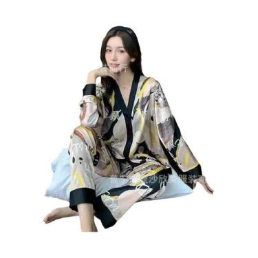 Imagem de Conjunto De Pijamas De Seda Gelada De Manga Comprida Feminino Solto La