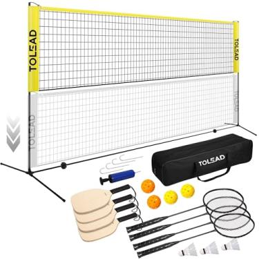 Imagem de TOLEAD Conjunto de rede de pickleball e badminton, conjunto de rede portátil de voleibol (5,2 m de largura x 9-1,5 m de altura) para quintal, conjunto de jogos de esportes ao ar livre com raquetes de pickleball de vôlei e raquetes de badminton