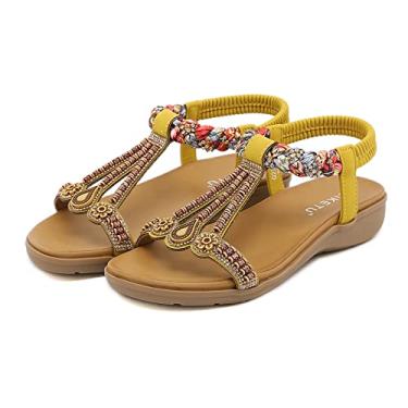 Imagem de YOUNIFIZ Sandália feminina rasteira gladiadora de verão boêmia, strass, confortável, bico aberto, tira elástica no tornozelo, sandália de praia, Amarelo, 34