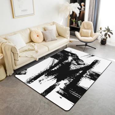 Imagem de jejeloiu Tapete de área preto e branco, 12 x 18 cm, geométrico, tingido, para sala de estar, tapete decorativo listrado moderno Abstarct para decoração de casa