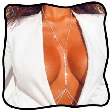 Imagem de Urieo Corrente de sutiã com strass brilhante, corrente de cristal prateado em camadas, sexy, boate, praia, rave, corrente corporal para mulheres, Normal size, liga e cristal, Sem Pedra Preciosa