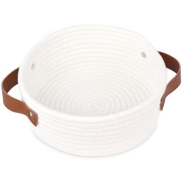 Imagem de ABenkle Cesta de armazenamento pequena, mini caixa de armazenamento de corda de algodão, cestas de prateleira pequenas fofas, organizador de brinquedos decorativos boho para berçário, spa, cesta de