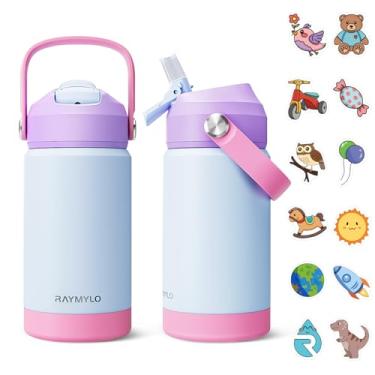 Imagem de RAYMYLO Garrafa de água isolada de 350 ml para meninos/meninas, frasco hidro pequeno de aço inoxidável para escola com canudo e bota de silicone, 100% à prova de vazamento e livre de BPA e mantém frio